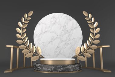 Modern Siyah granit arka plan ve beyaz podyum kozmetik ürün geometriğini gösteriyor. 3B görüntüleme