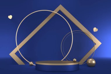 Sunum için mavi arka planda mavi kaide. 3B görüntüleme