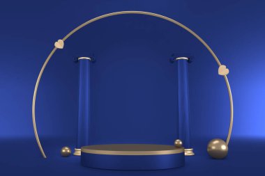 Sunum için mavi arka planda mavi kaide. 3B görüntüleme