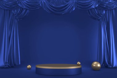 Sunum için mavi arka planda mavi kaide. 3B görüntüleme