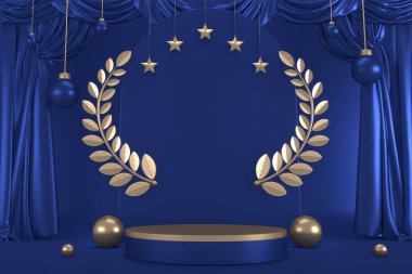 Sunum için mavi arka planda mavi kaide. 3B görüntüleme