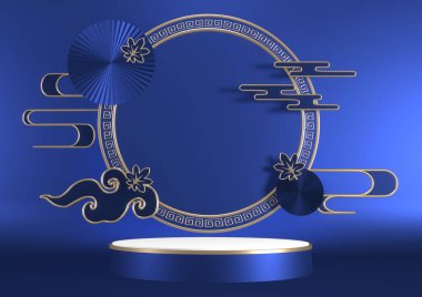 Sunum için mavi arka planda mavi kaide. 3B görüntüleme