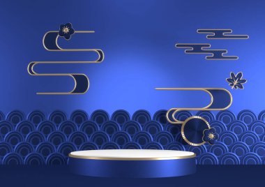 Sunum için mavi arka planda mavi kaide. 3B görüntüleme