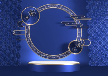 Sunum için mavi arka planda mavi kaide. 3B görüntüleme