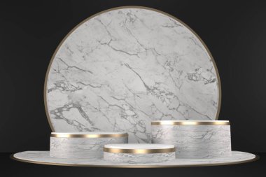 Siyah podyum, siyah arka planda kozmetik ürün geometrisi gösteriyor. 3B görüntüleme