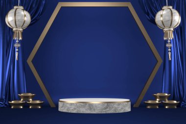 Koyu mavi geometrik arkaplan, Japon tarzı podyum mavisi konsept 3D görüntüleme