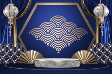 Koyu mavi geometrik arkaplan, Japon tarzı podyum mavisi konsept 3D görüntüleme