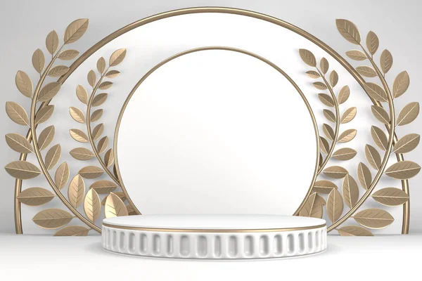 Beyaz arka planda en az tasarım ile zafer altın podyum kazananı. 3B görüntüleme