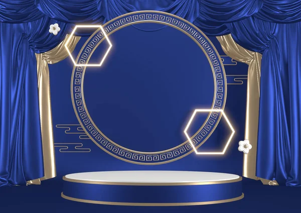 Sunum için mavi arka planda mavi kaide. 3B görüntüleme