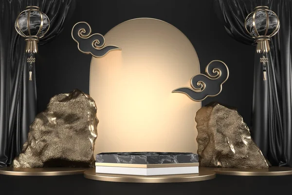 現代の黒御影石の背景と白の表彰台は化粧品の幾何学的 3Dレンダリング — ストック写真