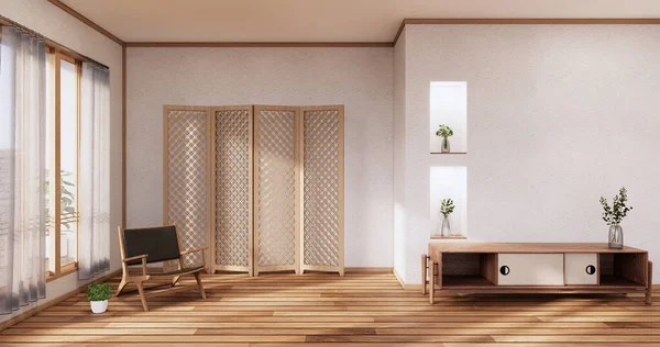 居室的橱柜木制日本式设计 禅派风格的空墙背景 3D渲染 — 图库照片