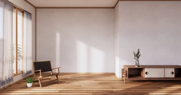 Kabinet Dřevěný Japonský Design Obývacím Pokoji Zen Styl Prázdné Stěny — Stock fotografie