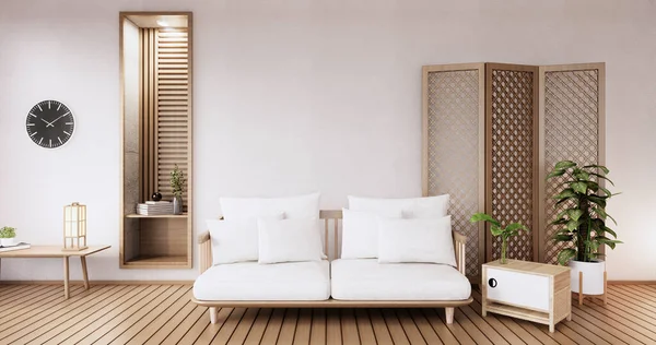 Furnitur Sofa Pada Mockup Desain Kamar Kayu Minimal Rendering — Stok Foto