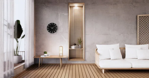 モックアップ木製の部屋のデザインのソファ家具最小限 — ストック写真