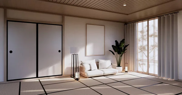 Szafka Salonie Podłogą Maty Tatami Sofą Fotela Design Rendering — Zdjęcie stockowe