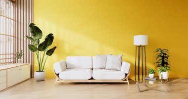 İç mekan, sarı duvar odası ve beyaz kanepe minimalizmiyle örtüşüyor. 3B görüntüleme