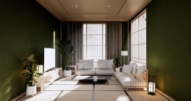 Boş - temiz yeşil modern oda Japon tarzı 3D görüntüleme