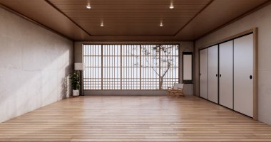 Boş oda, beyaz oda, temiz modern oda, Japon tarzı 3D tasarım.