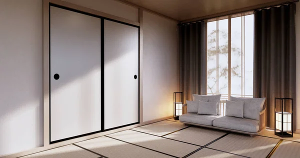 Kabinet Woonkamer Met Tatami Mat Vloer Sofa Fauteuil Design Rendering — Stockfoto