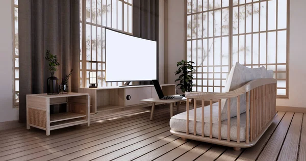 Kabinet Ruang Tamu Dengan Lantai Tatami Tikar Dan Sofa Kursi — Stok Foto