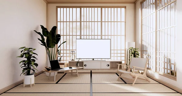 Skříň Obývacím Pokoji Podlahou Tatami Rohože Designem Křesla Pohovky Vykreslování — Stock fotografie