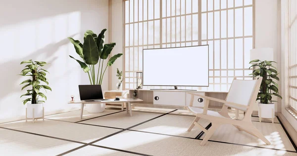 Schrank Wohnzimmer Mit Tatamimattenboden Und Sofa Sessel Design Rendering — Stockfoto