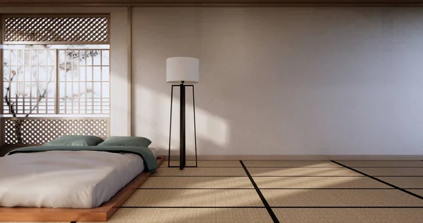 Postel Pokoj Japonský Design Tropické Místnosti Interiéru Tatami Podložka Podlahy — Stock fotografie