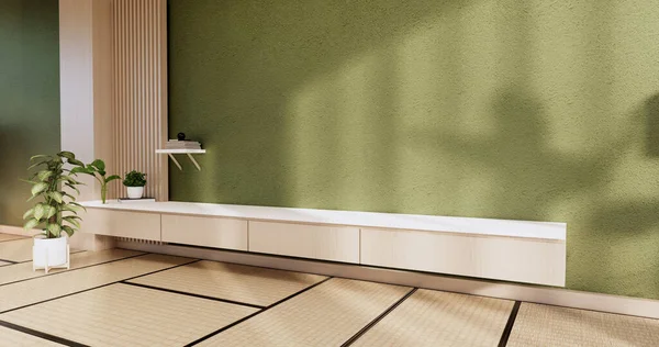 日本简约生活客厅的橱柜木制展示设计 3D渲染 — 图库照片