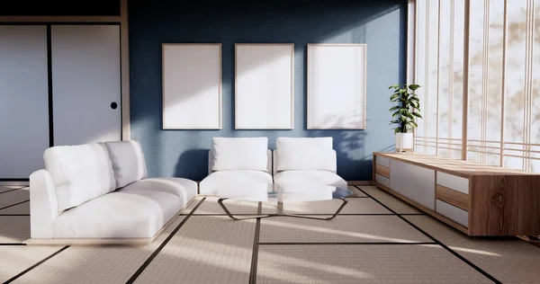畳の上にドア紙とキャビネットの棚壁と青い色の部屋のデザインのインテリア和室のスタイル 3Dレンダリング — ストック写真