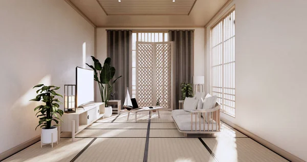 Tahta Kol Sandalyesi Bölme Japon Oda Tropikal Döşeme Beyaz Duvar — Stok fotoğraf