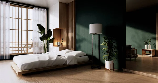 卧房日本风格简约 现代绿墙木地板 居室简约 3D渲染 — 图库照片