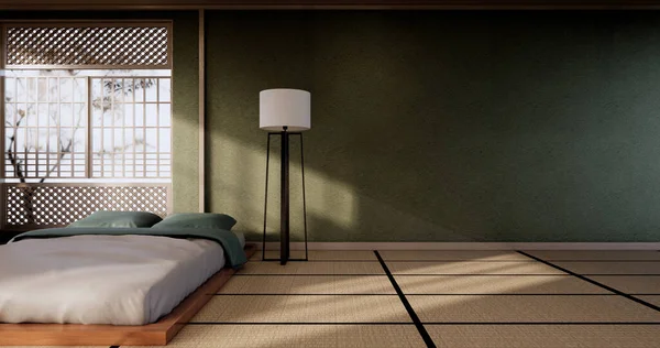 Dormitorio Japonés Estilo Minimalista Pared Verde Moderno Suelo Madera Habitación —  Fotos de Stock