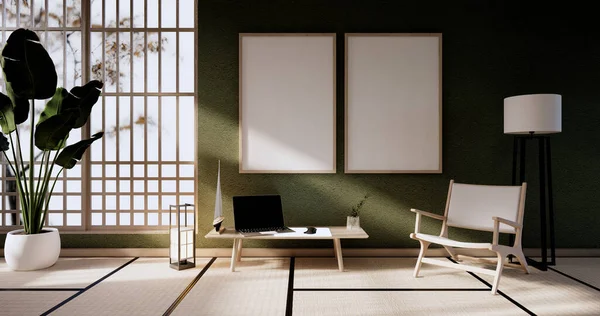Vintage Projekt Szafy Zielony Salon Fotelem Japońskim Stylu Rendering — Zdjęcie stockowe