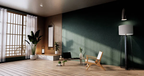 Vinobraní Skříň Design Zelený Obývací Pokoj Křeslem Japonský Styl Vykreslování — Stock fotografie
