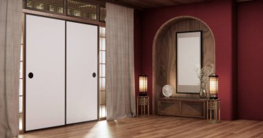 Kırmızı boş muji, minimal Japon ahşap oda içi, minimal 3D tasarım