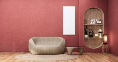 Viva morumsu oturma odası, kırmızı duvar ve koltuk japandi tarzı 3D.