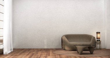 Koltuklu oturma odası ve Wabi Sabi tarzı masa dekorasyonu. 3B illüstrasyon oluşturma