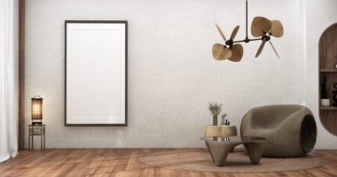 Koltuklu oturma odası ve Wabi Sabi tarzı masa dekorasyonu. 3B illüstrasyon oluşturma