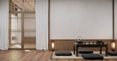 Japon Koltuğu ve masa dekorasyonu Wabi Sabi stilinde. 3B illüstrasyon oluşturma