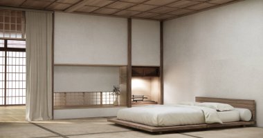 Yatak odası Japon tarzı, modern raf tasarımı ve paspas döşemesi, oda minimalisti. 3B görüntüleme