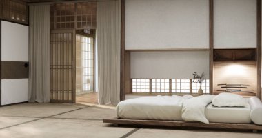 Yatak odası Japon tarzı, modern raf tasarımı ve paspas döşemesi, oda minimalisti. 3B görüntüleme