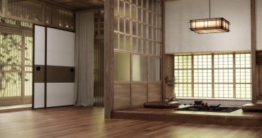 Odanın ortasında ateş çukuru olan Japon odasının pencere tasarımı. 3B görüntüleme