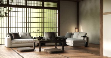 Koltuklu oturma odası ve Wabi Sabi tarzı masa dekorasyonu. 3B illüstrasyon oluşturma