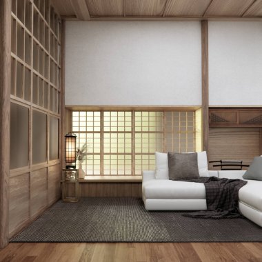 Koltuklu oturma odası ve Wabi Sabi tarzı masa dekorasyonu. 3B illüstrasyon oluşturma