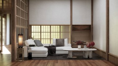 Koltuklu oturma odası ve Wabi Sabi tarzı masa dekorasyonu. 3B illüstrasyon oluşturma