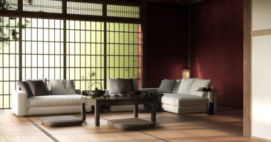 İç renk kırmızı oda integrali. Tatami mat 3D döşemeli.