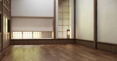 Muji tarzı, boş ahşap oda, Japon odasının içini temizleme, 3 boyutlu tasarım.