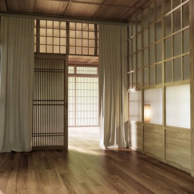 Muji tarzı, boş ahşap oda, Japon odasının içini temizleme, 3 boyutlu tasarım.
