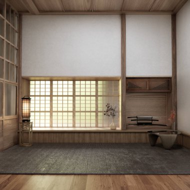Muji tarzı, boş ahşap oda, Japon odasının içini temizleme, 3 boyutlu tasarım.