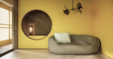 İç dizayn üzerine sarı minder koltuk modern oturma odası 3D tasarımı.